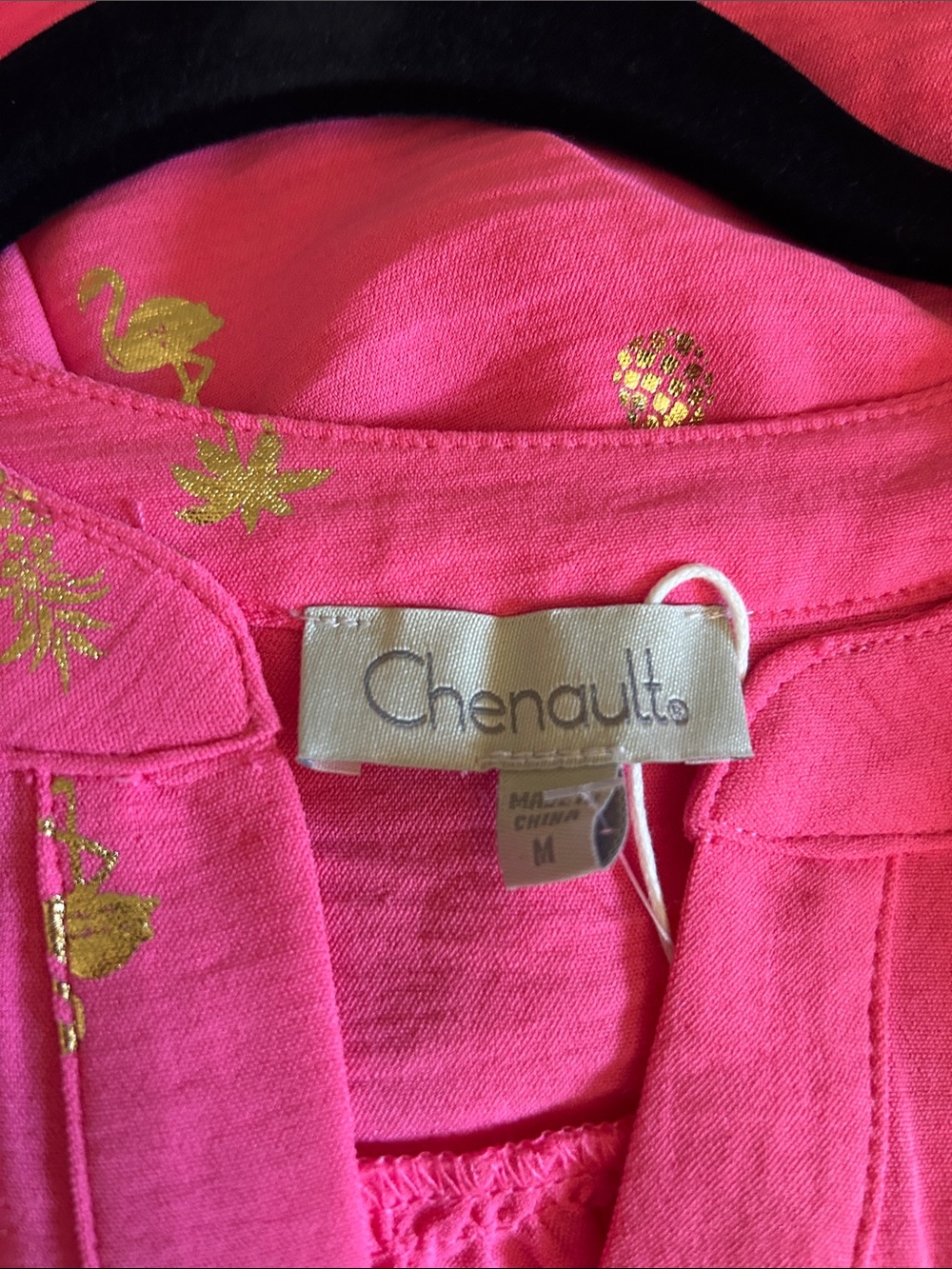 Chenault Coral Pink Short Sleeve V-Neck Blouse with Gold Pineapple Motif - Picture 6 of 7